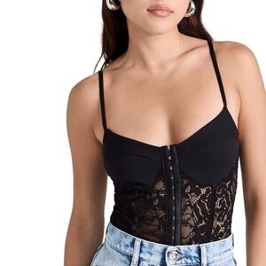 Free People Lace Night Rhythm Thong Bodysuit, Black, Small